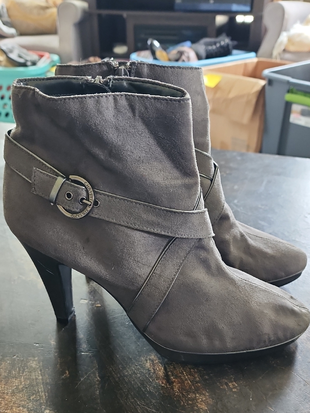 Women's Christian Siriano Gray Suede Ankle Booties with Buckle